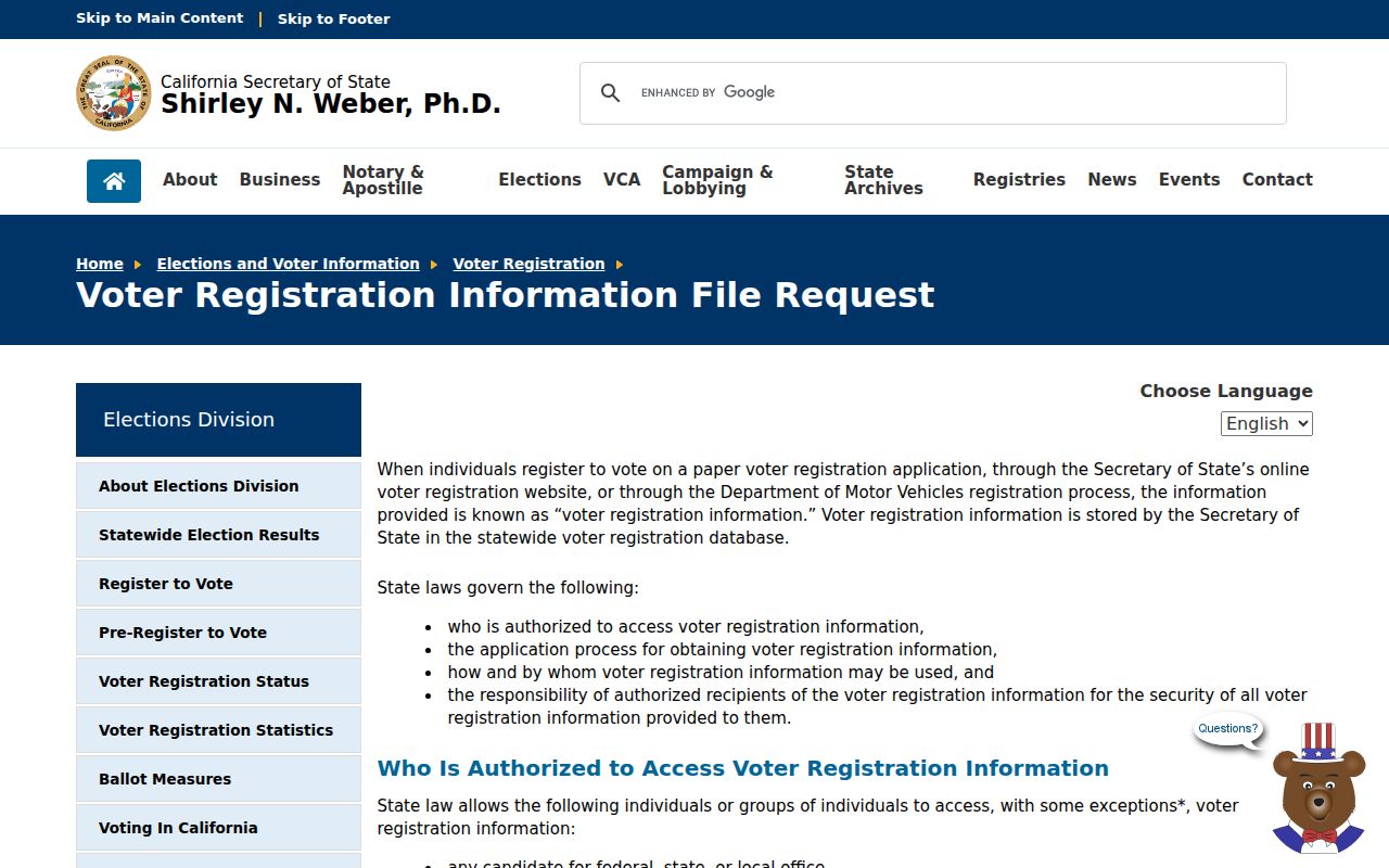 Pittsburg previous residents California voter information file request